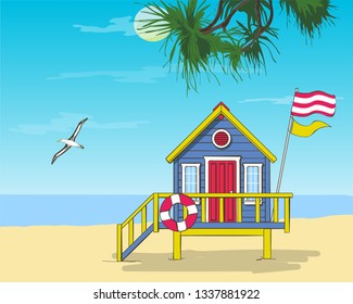 Lifeguard station on a beach with palm on a sunset sky. Vector illustration with tropical landscape. Summer card.  svg