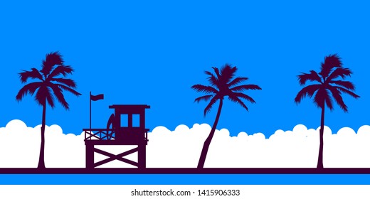 Lifeguard station on a beach with palm on a blue sky. Vector illustration with tropical landscape. Summer card.