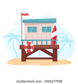 Lifeguard station on the beach with palms. Flat design vector illustration.