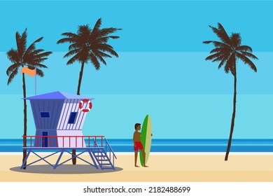 Lifeguard station on the beach palms, surfer, coast ocean, sea. Summer tropical landscape, vector