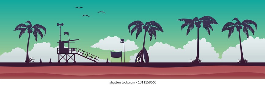 Lifeguard station on the beach at sunset. Vector illustration with a tropical landscape. Stock vector illustration. EPS 10. Panoramic background with palms.