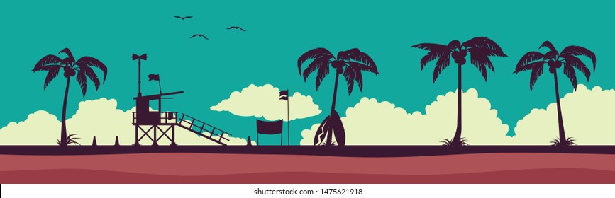 Lifeguard station on a beach. Vector illustration with tropical landscape. Stock vector illustration. EPS 10. Panoramic background on the beach.