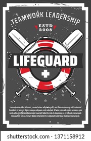 Lifeguard station or tower retro vector poster with lifebuoy, nautical ropes and paddles. Professional equipments of ocean or sea beach life guard. Lifesaving service design