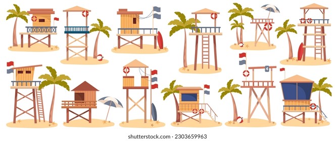 Lifeguard stations flat illustrations set. Wooden buildings for life-saver with lifebuoy, umbrella on beach. Observation buildings with stairs. Towers design elements
