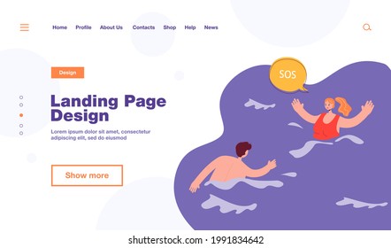 Lifeguard swimming towards drowning woman. Female character calling for help in sea or ocean flat vector illustration. Accident, emergency concept for banner, website design or landing web page