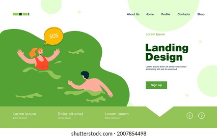 Lifeguard swimming towards drowning woman. Female character calling for help in sea or ocean flat vector illustration. Accident, emergency concept for banner, website design or landing web page