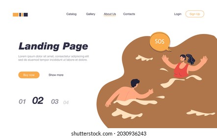 Lifeguard swimming towards drowning woman. Female character calling for help in sea or ocean flat vector illustration. Accident, emergency concept for banner, website design or landing web page