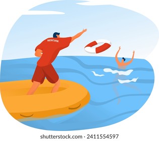 Lifeguard throwing lifebuoy to drowning person in sea. Rescue operation at beach. Emergency response and water safety vector illustration.