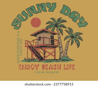 lifeguard tower drawing artwork. Beach hand sketch graphic print design for t shirt print, poster, sticker, background and other uses. Palm tree with surfing board vintage print artwork.	