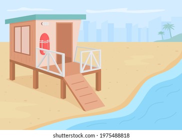 Lifeguard Tower Flat Color Vector Illustration. Summer Vacation Resort. Rescuer Place. Life Guard House. Lifesaver Station 2D Cartoon Landscape With Empty Tropical Beach On Background