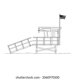 Lifeguard tower isolated on white. Santa Monica, Beach California, Venice beach, Pacific ocean, Vector illustration, coloring page, poster, print, t shirt