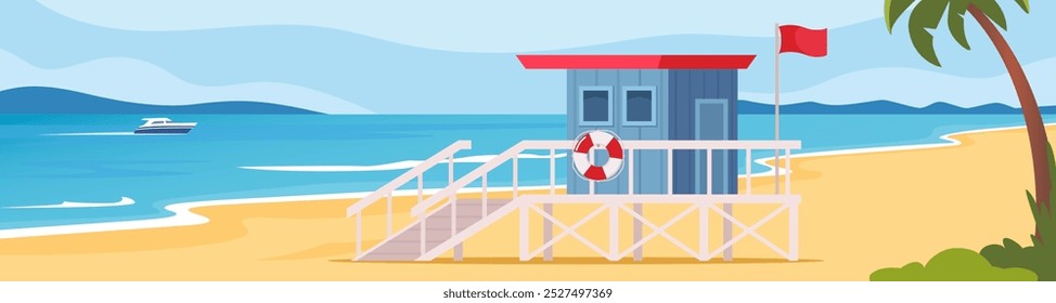 Torre de salva-vidas na praia. Estação da guarda costeira em design plano moderno. Ilustração de estoque vetorial isolada sobre fundo branco