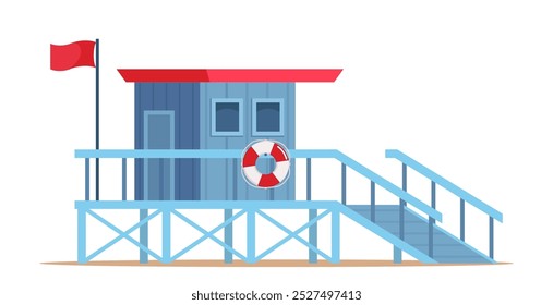 Lifeguard tower on the beach. Coast guard station in modern flat design. Vector stock illustration isolated on white background
