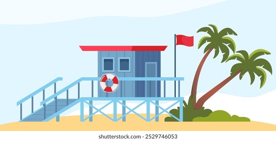 Torre de salvavidas en la playa. Estación de guardacostas en diseño plano moderno. Ilustración de stock de Vector aislado sobre fondo blanco