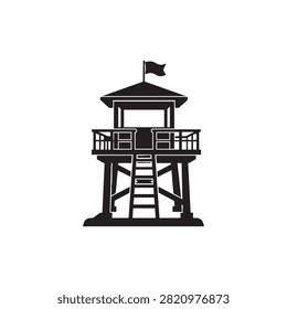 Lifeguard tower on beach flat vector logo design, silhouette graphic icon symbol of coastal safety. Observation post for swimmers, rescue station for public beach. Emblem of summer and vacation, black and white style, isolated on white background.