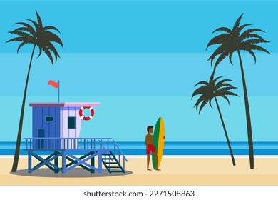 Lifeguard Tower on the beach palms, surfer, coast ocean, sea. Summer tropical landscape, vector