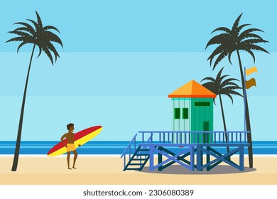 Lifeguard Tower on the beach palms, surfer, coast ocean, sea. Summer tropical landscape, vector