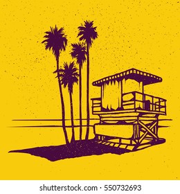 Lifeguard tower on the beach with palms and sea. Vector illustration on grunge texture background