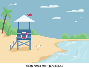 Lifeguard tower on sand beach flat color vector illustration. Rescuer building, swimming safety. Life guard stand on seashore 2D cartoon landscape with water and blue sky on background