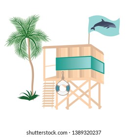 The lifeguard tower on the water - a palm tree, a flag with a dolphin, a life preserver - isolated on a white background - vector.