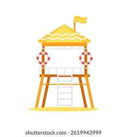 Lifeguard tower standing on beach with yellow flag and lifebuoys