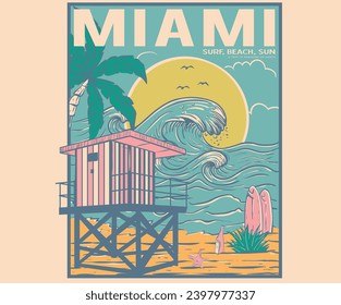 Lifeguard tower. Summer good vibes retro slogan with waves, sun vector artwork. Beach wave t-shirt prints and other uses. Beach mountain. Ocean wave vintage graphic print design. Miami beach.