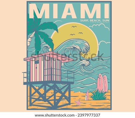 Lifeguard tower. Summer good vibes retro slogan with waves, sun vector artwork. Beach wave t-shirt prints and other uses. Beach mountain. Ocean wave vintage graphic print design. Miami beach.