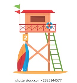 Lifeguard tower with surfboard lifebuoy flags number two and stairs at beach vector flat illustration. Station wooden building for seaside safety emergency help and security guard house at coast shore