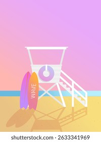Lifeguard tower and surfboards on a sunset