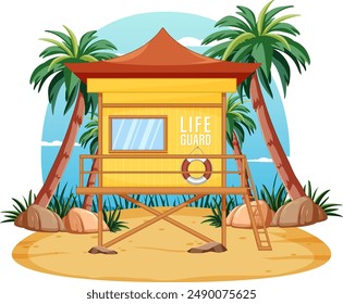 Lifeguard tower surrounded by palm trees