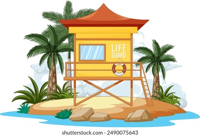Lifeguard tower surrounded by palm trees and rocks