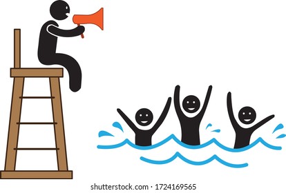 Lifeguard with tower and swimming funny people vector icon