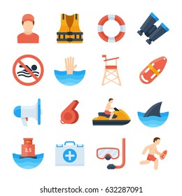 Lifeguard vector icons in a flat style. Equipment of beach lifeguard whistle, life ring, vest, binoculars, tower. The safety of people at sea, the salvation of drowning people. 