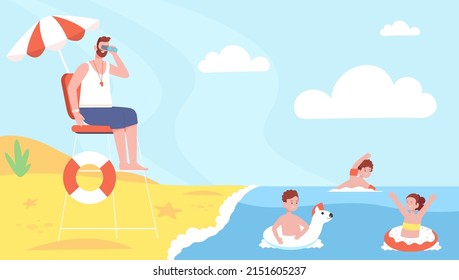 Lifeguard watching kids. Beach lifesaver on tower, safety rescuer help drowning children lifebuoy swim in danger water sea or ocean fun kid protection, vector illustration of lifeguard on sand beach