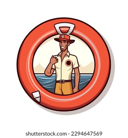 Lifeguard watching swimming pool. Swimming school. cartoon vector illustration. label, sticker, t-shirt printing