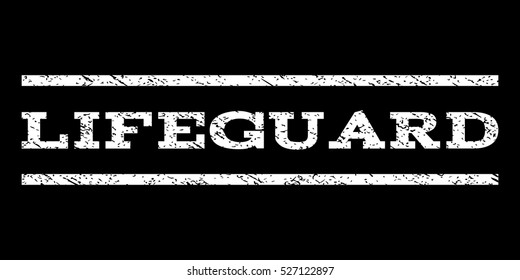 Lifeguard watermark stamp. Text tag between horizontal parallel lines with grunge design style. Rubber seal white stamp with dust texture. Vector ink imprint on a black background.