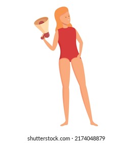 Lifeguard woman in megaphone icon cartoon vector. Guard life. Water ocean