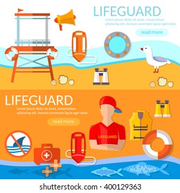 Lifeguards Banners Professional Lifeguard On Beach Stock Vector ...