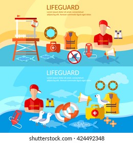 Lifeguards banners work of a professional lifeguard on the beach vector 