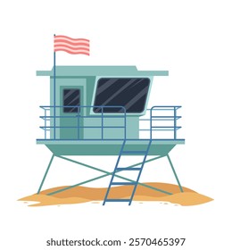 Lifeguards blue tower with flag on metal pole. Coastline and beach building of emergency team, facade with glass window and door, station of rescue duty and life protection cartoon vector illustration