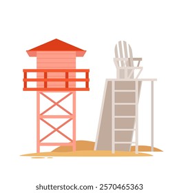 Lifeguards brown wooden tower with red flag on pole. Summer beach house with ladder and big glass window for monitoring people swimming, survival rescue team structure cartoon vector illustration