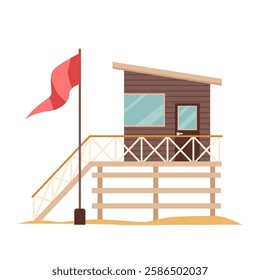 Lifeguards brown wooden tower with red flag on pole. Summer beach house with ladder and big glass window for monitoring people swimming, survival rescue team structure cartoon vector illustration