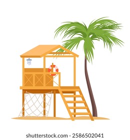 Lifeguards brown wooden tower with red flag on pole. Summer beach house with ladder and big glass window for monitoring people swimming, survival rescue team structure cartoon