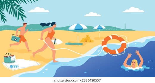 Lifeguards composition with doodle characters of man and woman running on beach to rescue sinking person vector illustration