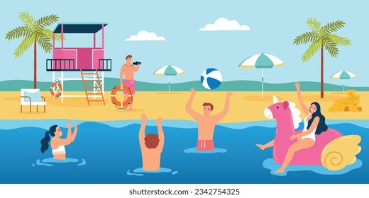 Lifeguards composition with outdoor scenery of sandy beach with people puddling in water and male lifeguard vector illustration