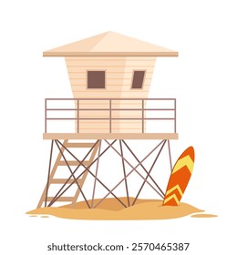 Lifeguards green wooden tower with rescue boat and lifebuoys. Summer beach house with alert bell on rope, first aid emergency equipment to save life of drowning people cartoon vector illustration