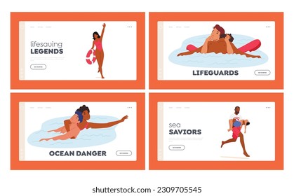 Lifeguards Landing Page Template Set. Characters On Beach Are Vigilant, Trained, And Responsible For Ensuring Safety And Preventing Accidents, Provide First Aid. Cartoon People Vector Illustration