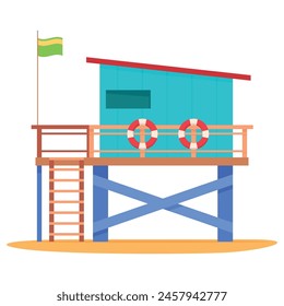 Lifeguards observation wooden deck on beach with stairs flag and lifebuoy vector flat illustration. Coast building station for risk safety tourist sea ocean aid help assistance rescue emergency