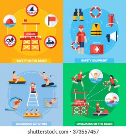 Lifeguards on the beach 4 flat icons square composition poster with safety equipment abstract isolated vector illustration