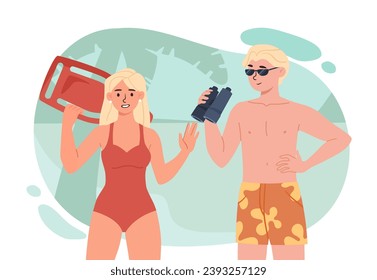 Lifeguards on beach concept. Man with binocular and woman with surf in swimsuits. Safety and protection. Guards in tropical countries. Cartoon flat vector illustration isolated on white background